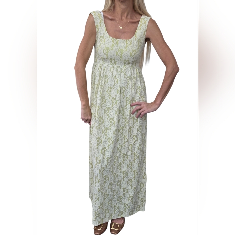 Vintage 60s 70s Lace Empire Waist Maxi Dress Green Ivory Handmade